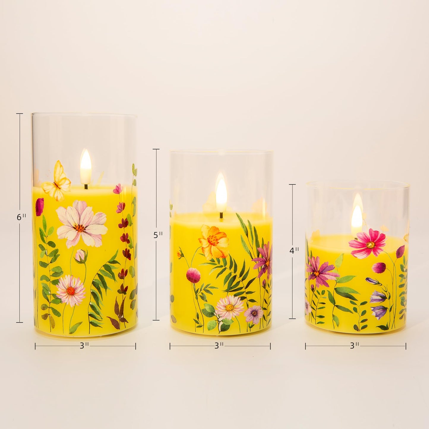 Yellow Cosmos Floral Glass Flameless Candles - Set of 3 - Eywamage