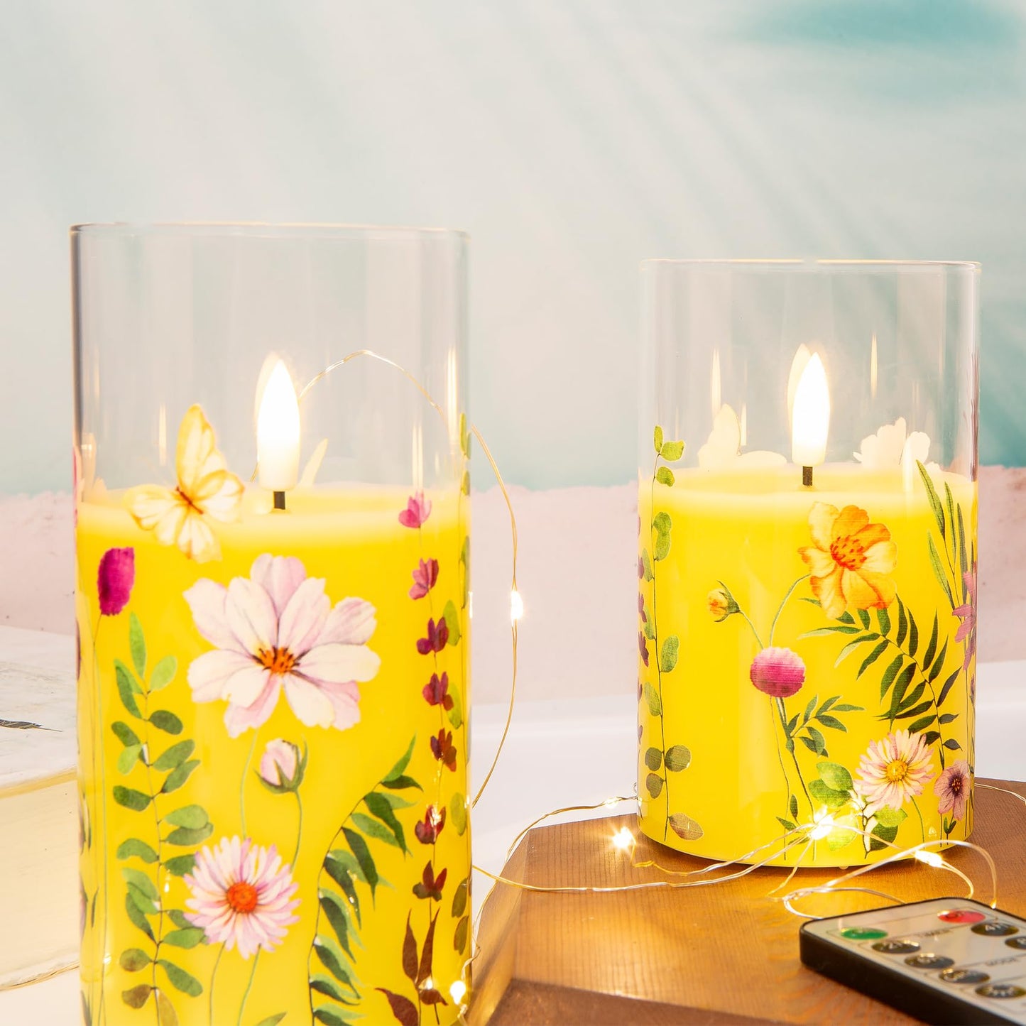 Yellow Cosmos Floral Glass Flameless Candles - Set of 3 - Eywamage