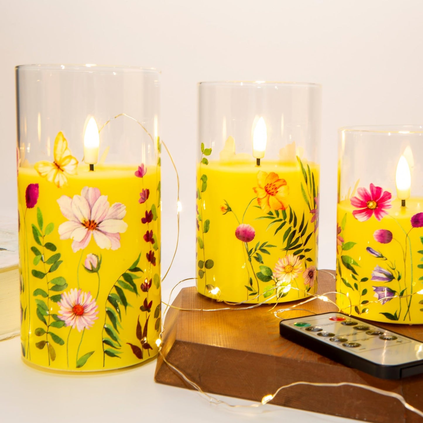 Yellow Cosmos Floral Glass Flameless Candles - Set of 3 - Eywamage
