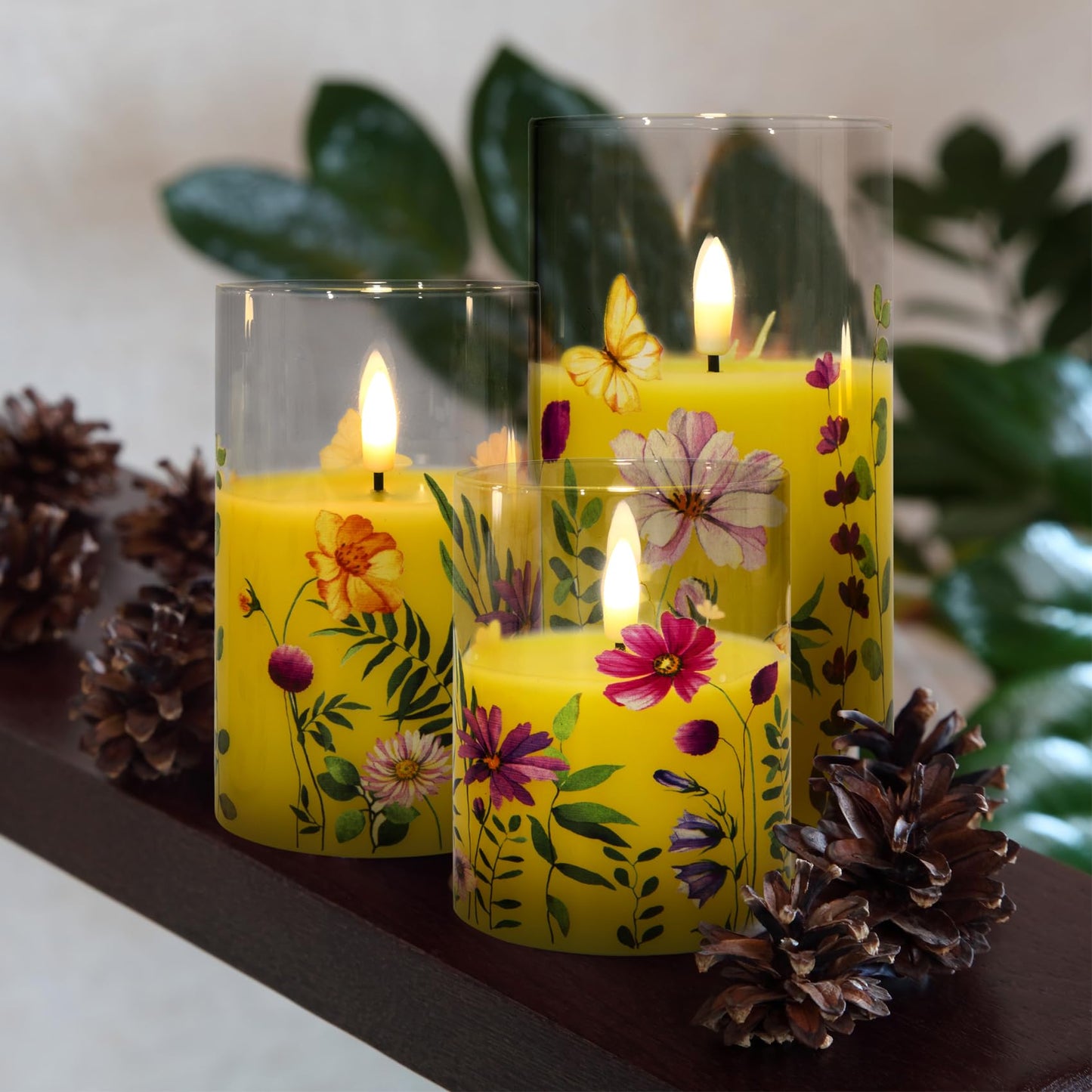 Yellow Cosmos Floral Glass Flameless Candles - Set of 3 - Eywamage