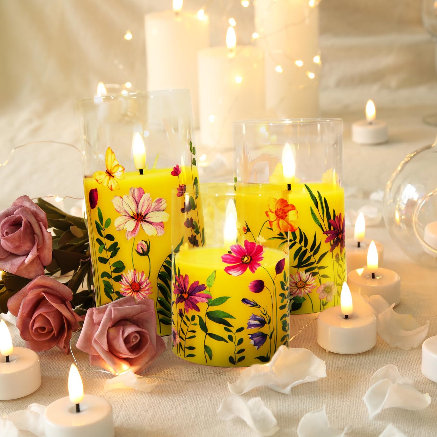 Yellow Cosmos Floral Glass Flameless Candles - Set of 3 - Eywamage