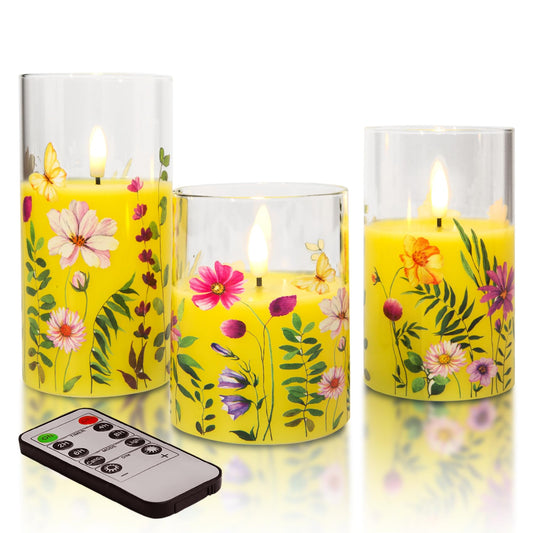 Yellow Cosmos Floral Glass Flameless Candles - Set of 3 - Eywamage