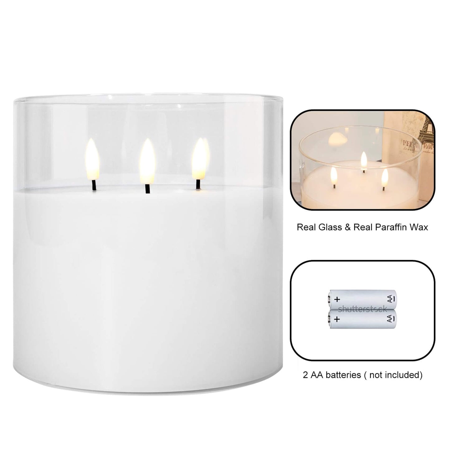 Eywamage 3 Wick Large Flameless Candles in Clear Glass