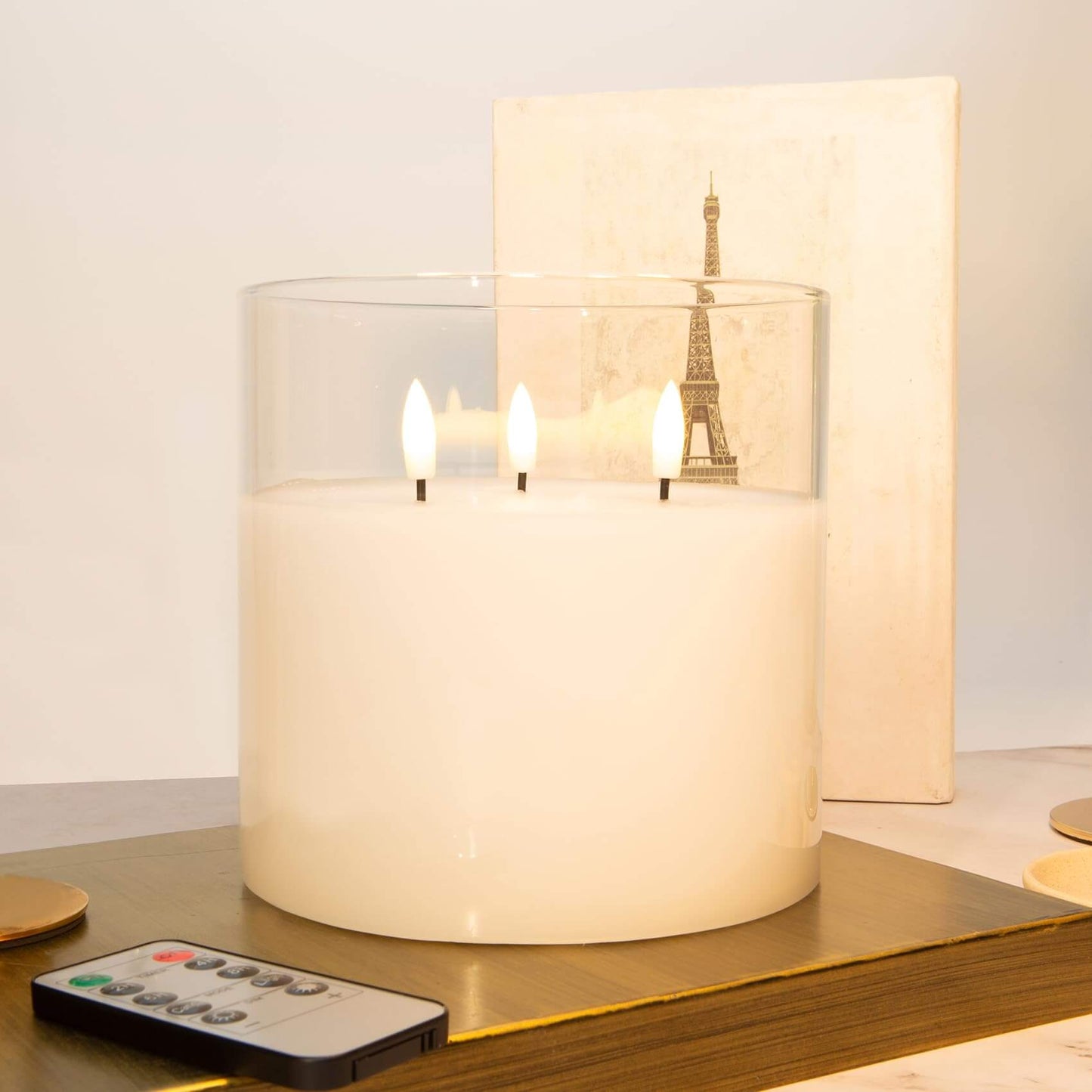 Eywamage 3 Wick Large Flameless Candles in Clear Glass