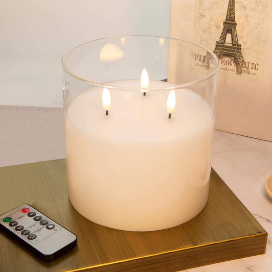 Eywamage 3 Wick Large Flameless Candles in Clear Glass