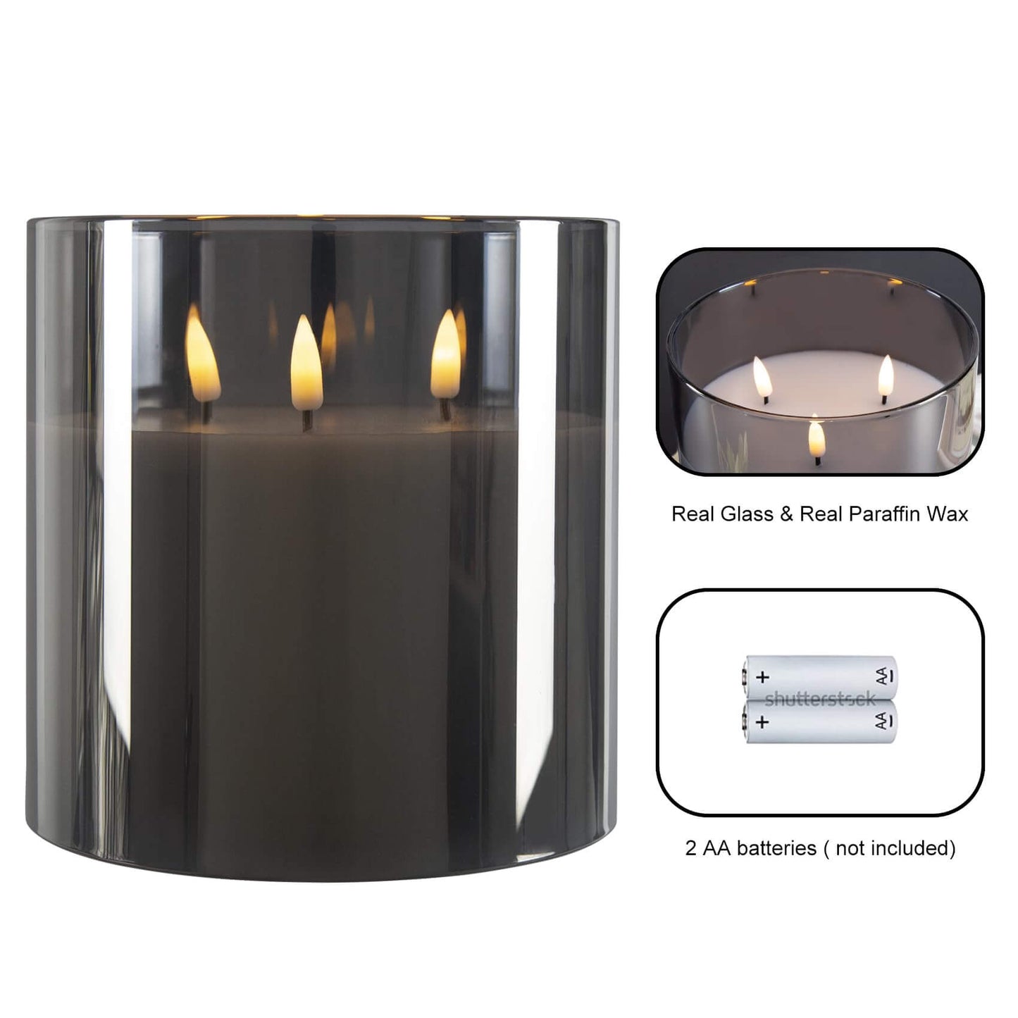 Eywamage 3 Wick Large Flameless Candles in Silver Grey Glass