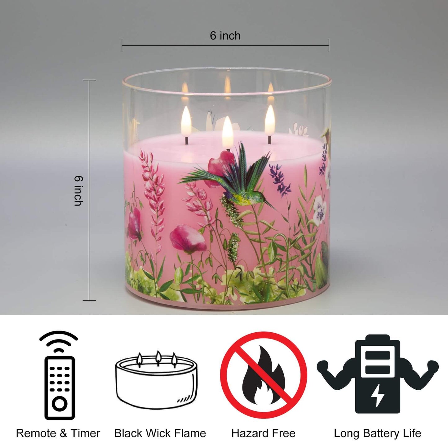 Eywamage 3 Wick Pink Hummingbird Flameless Candles in Glass