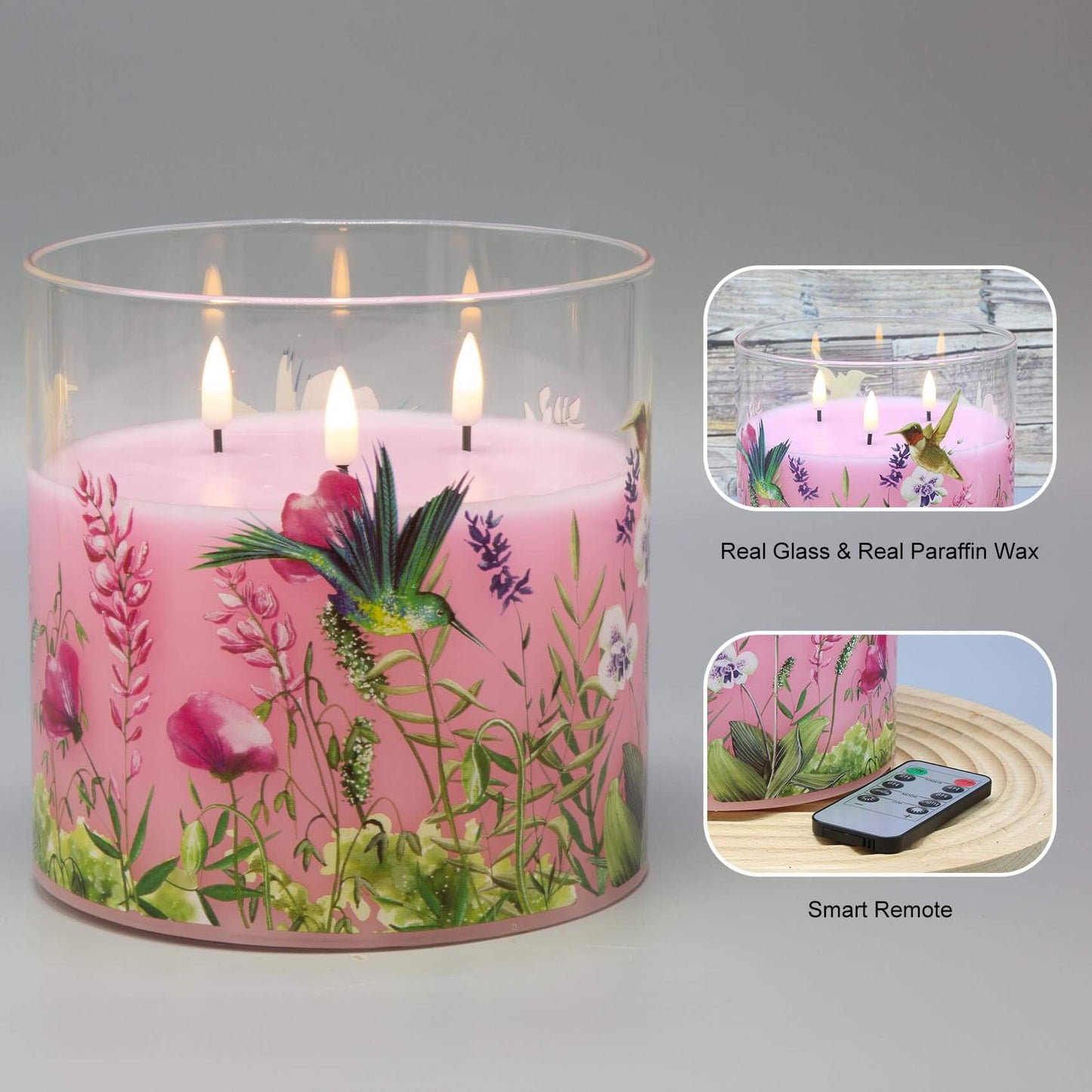 Eywamage 3 Wick Pink Hummingbird Flameless Candles in Glass