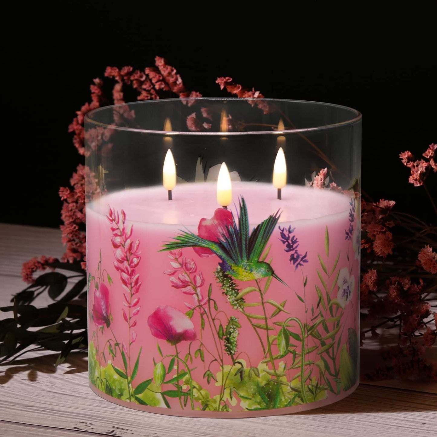Eywamage 3 Wick Pink Hummingbird Flameless Candles in Glass