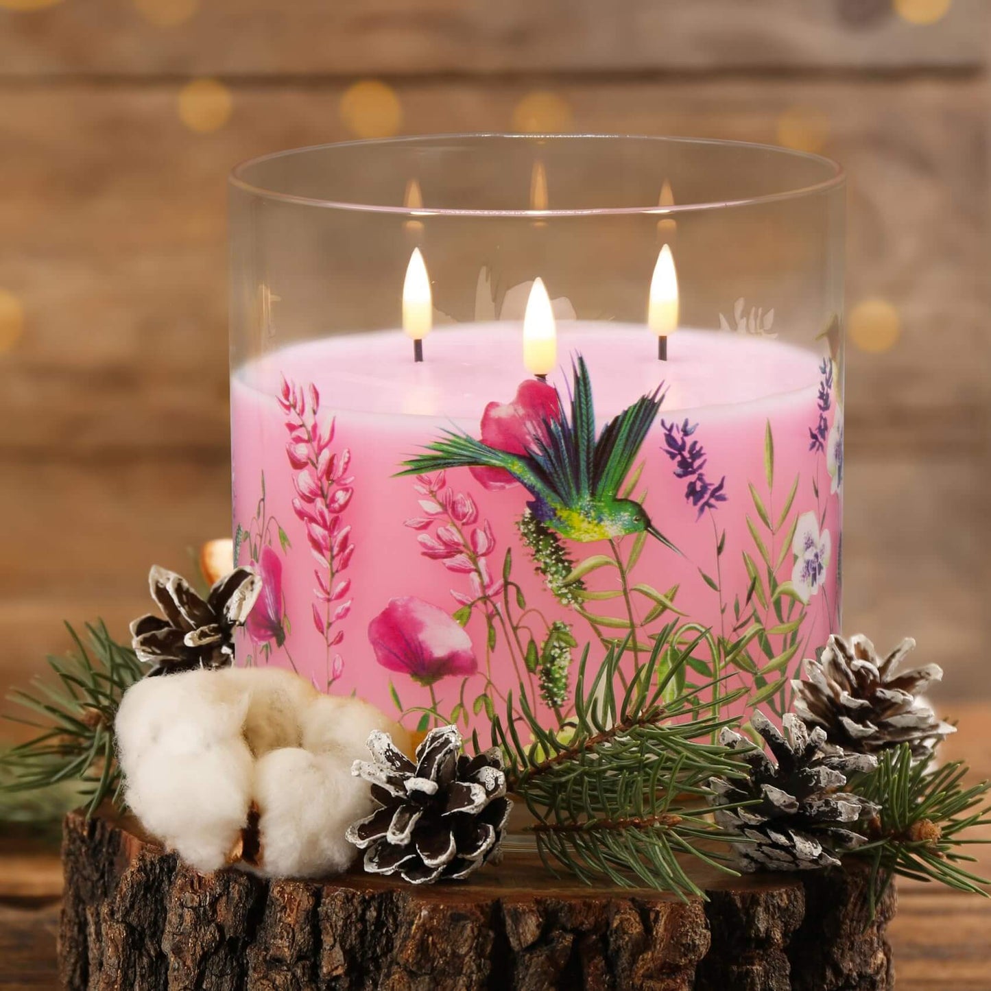 Eywamage 3 Wick Pink Hummingbird Flameless Candles in Glass