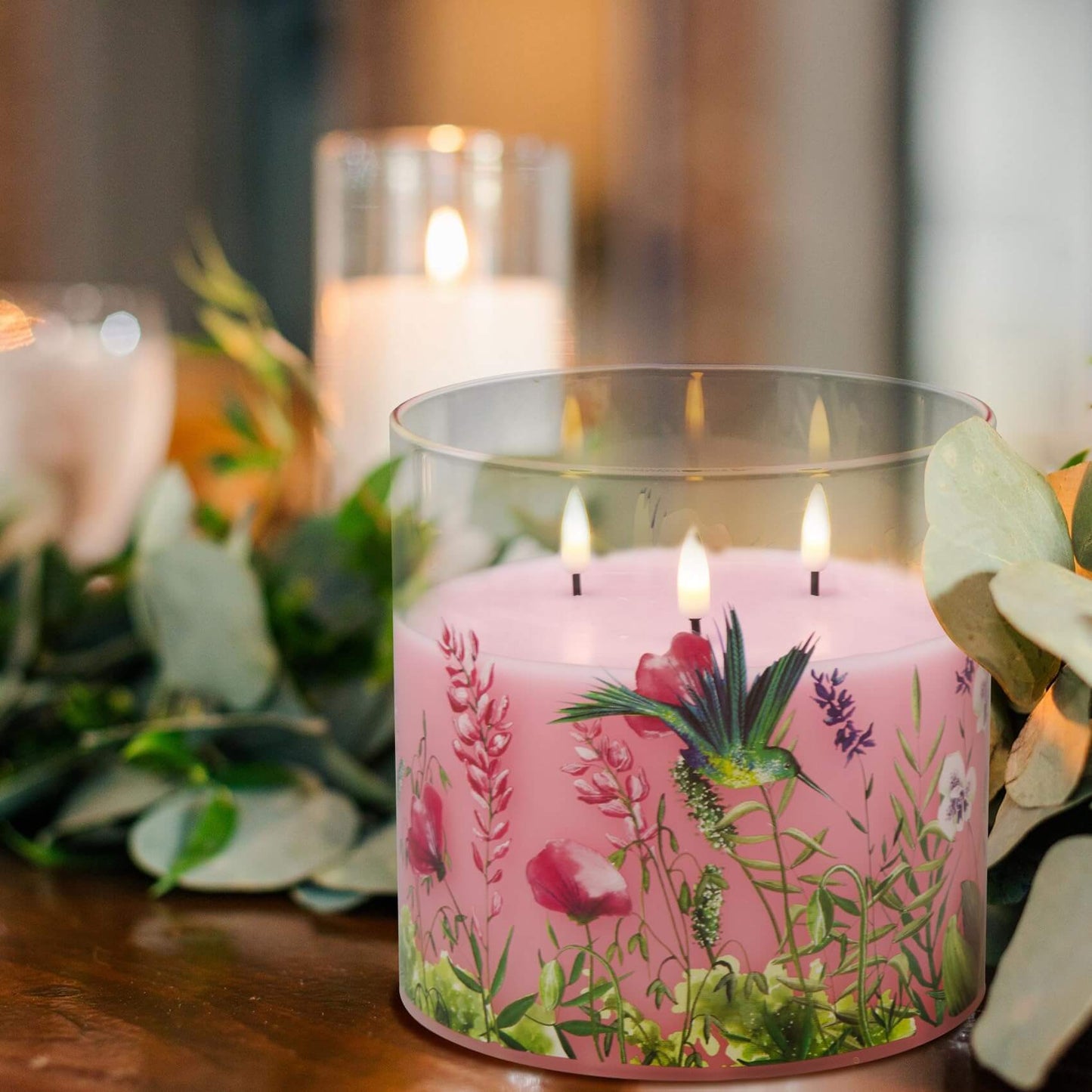 Eywamage 3 Wick Pink Hummingbird Flameless Candles in Glass