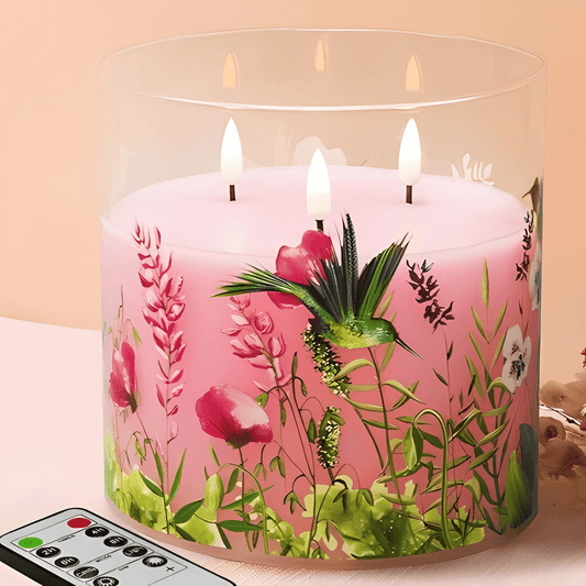 Eywamage 3 Wick Pink Hummingbird Flameless Candles in Glass