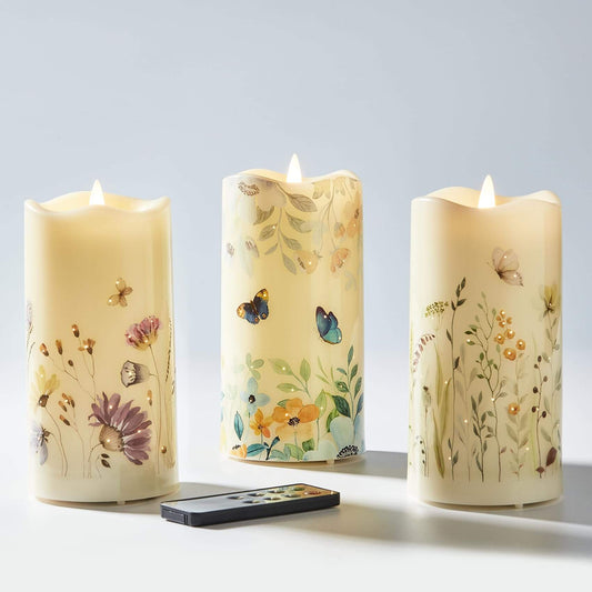 Butterfly Floral Flameless Pillar Candles with Remote-3 Piece-Eywamage