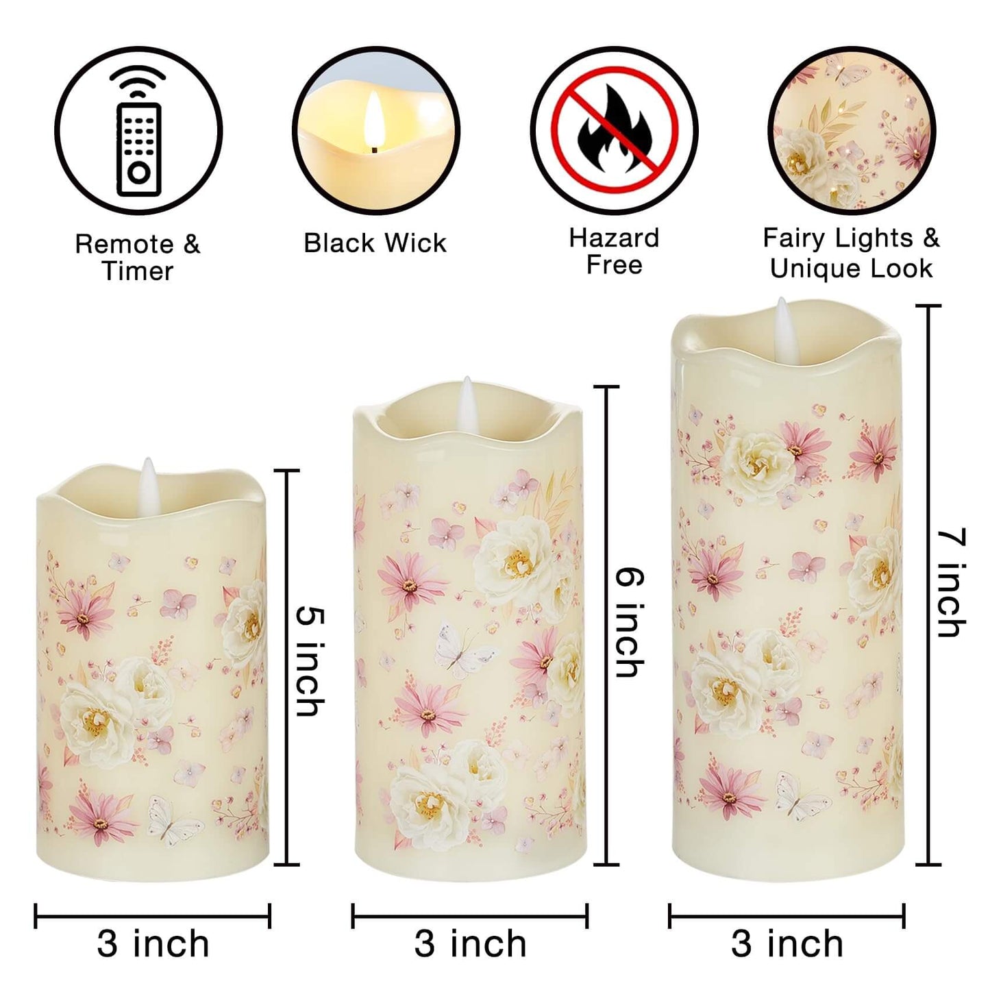 Floral Butterfly Battery Operated Pillar LED Candles-3 Piece-Eywamage