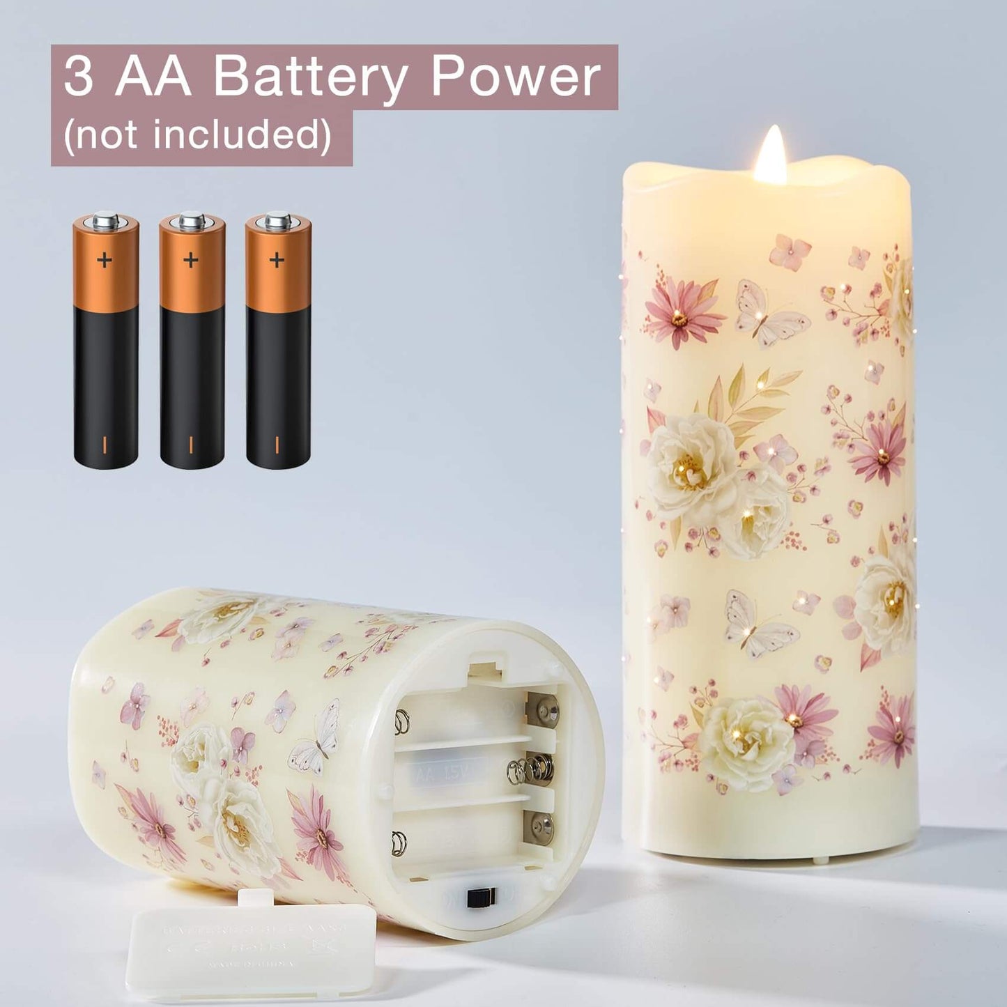 Floral Butterfly Battery Operated Pillar LED Candles-3 Piece-Eywamage