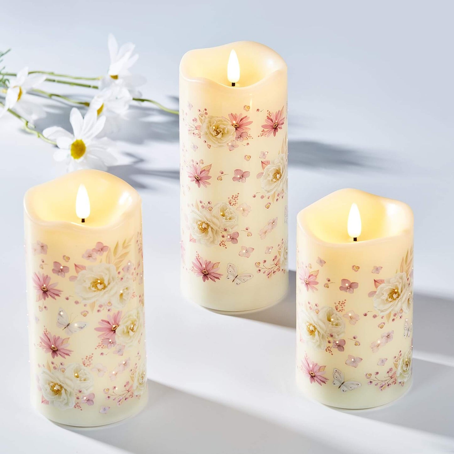 Floral Butterfly Battery Operated Pillar LED Candles-3 Piece-Eywamage