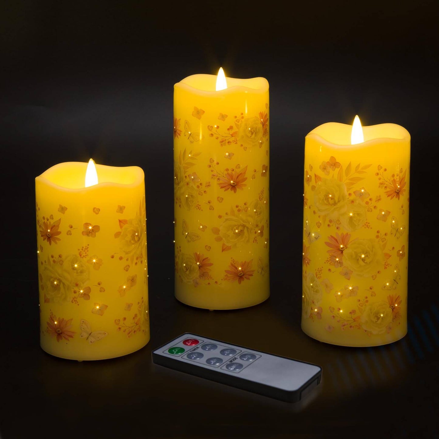 Floral Butterfly Battery Operated Pillar LED Candles-3 Piece-Eywamage