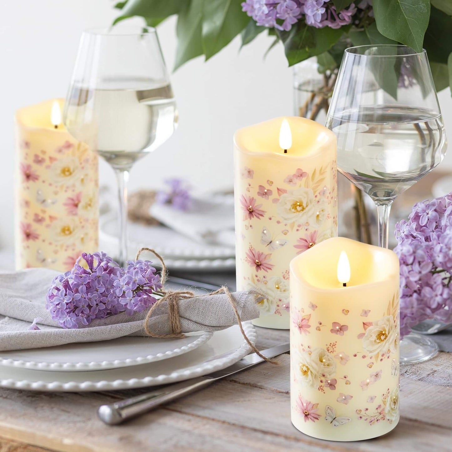 Floral Butterfly Battery Operated Pillar LED Candles-3 Piece-Eywamage