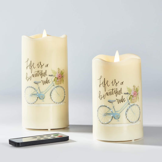 Bicycle Flower Fiber Optic Flameless Pillar Candles- Set of 2-Eywamage