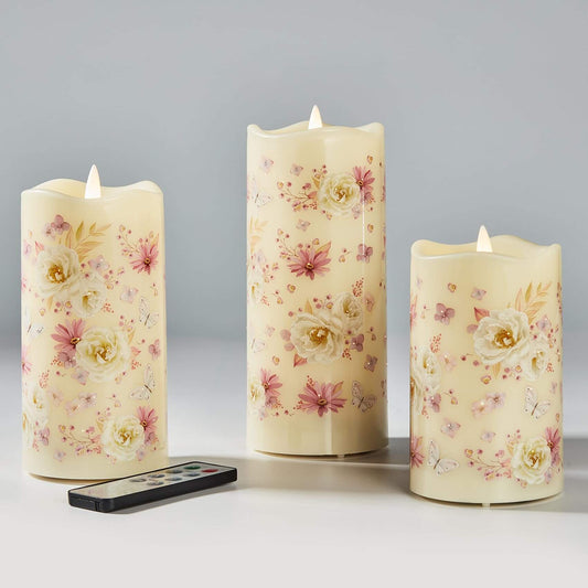 Floral Butterfly Battery Operated Pillar LED Candles-3 Piece-Eywamage