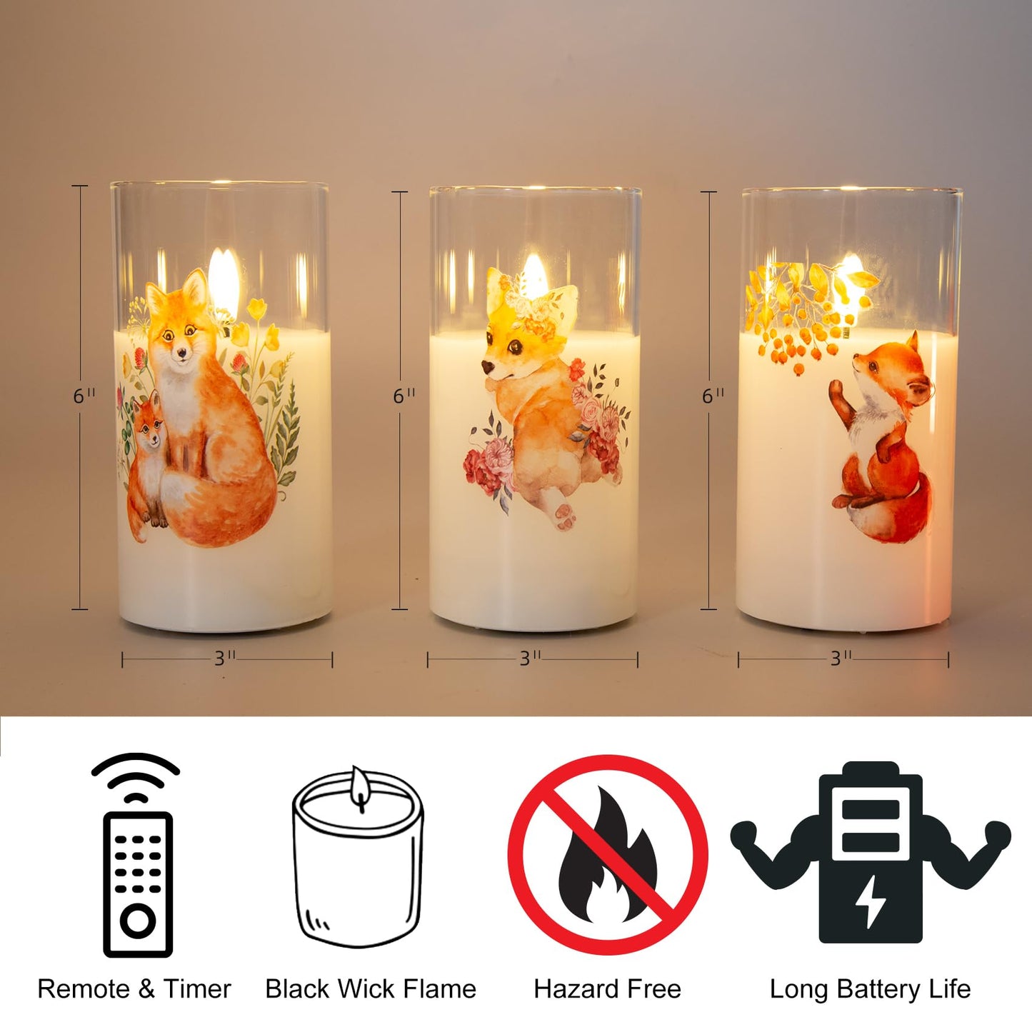 Fox Floral Glass Flameless Pillar Candle with Remote-Set of 3-Eywamage
