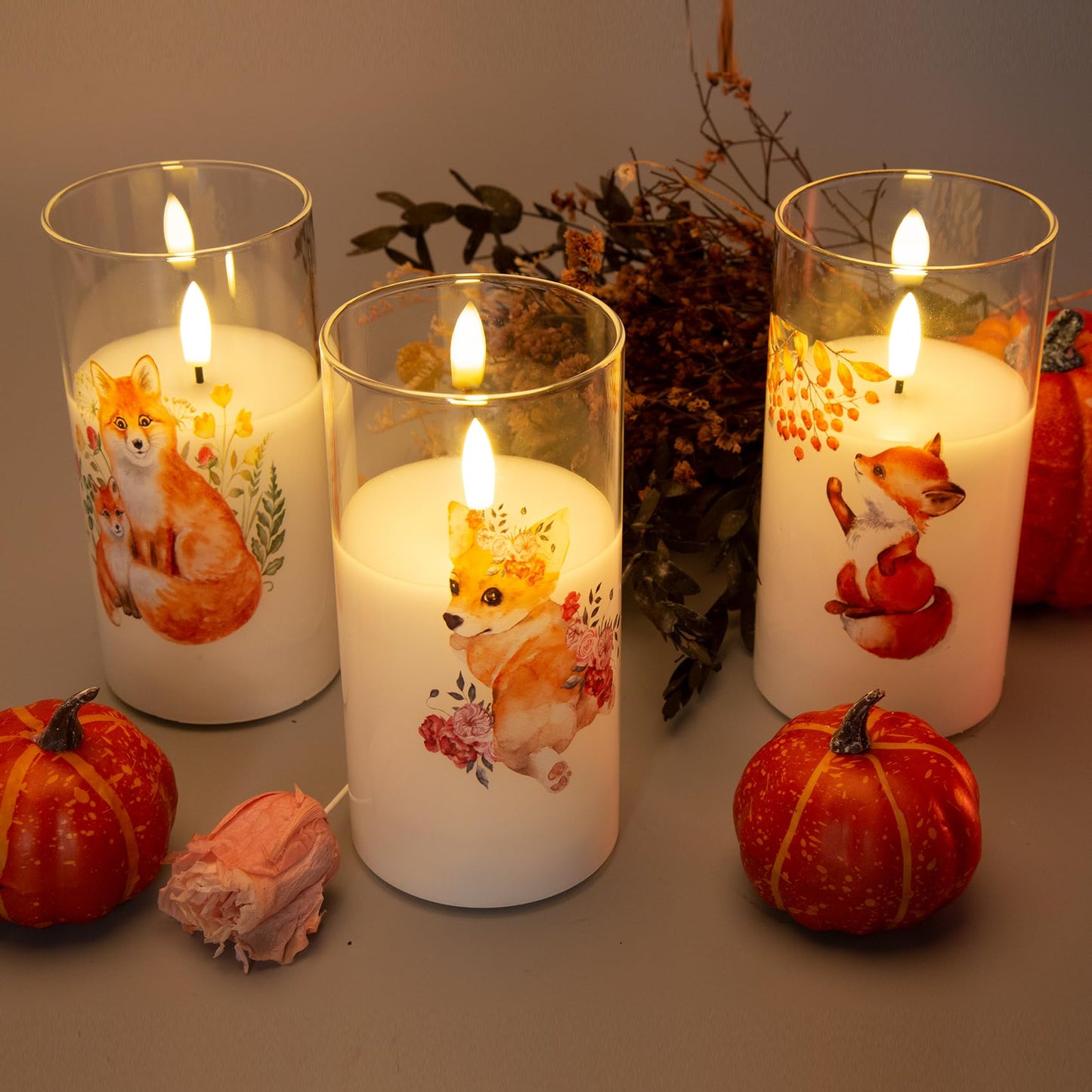 Fox Floral Glass Flameless Pillar Candle with Remote-Set of 3-Eywamage