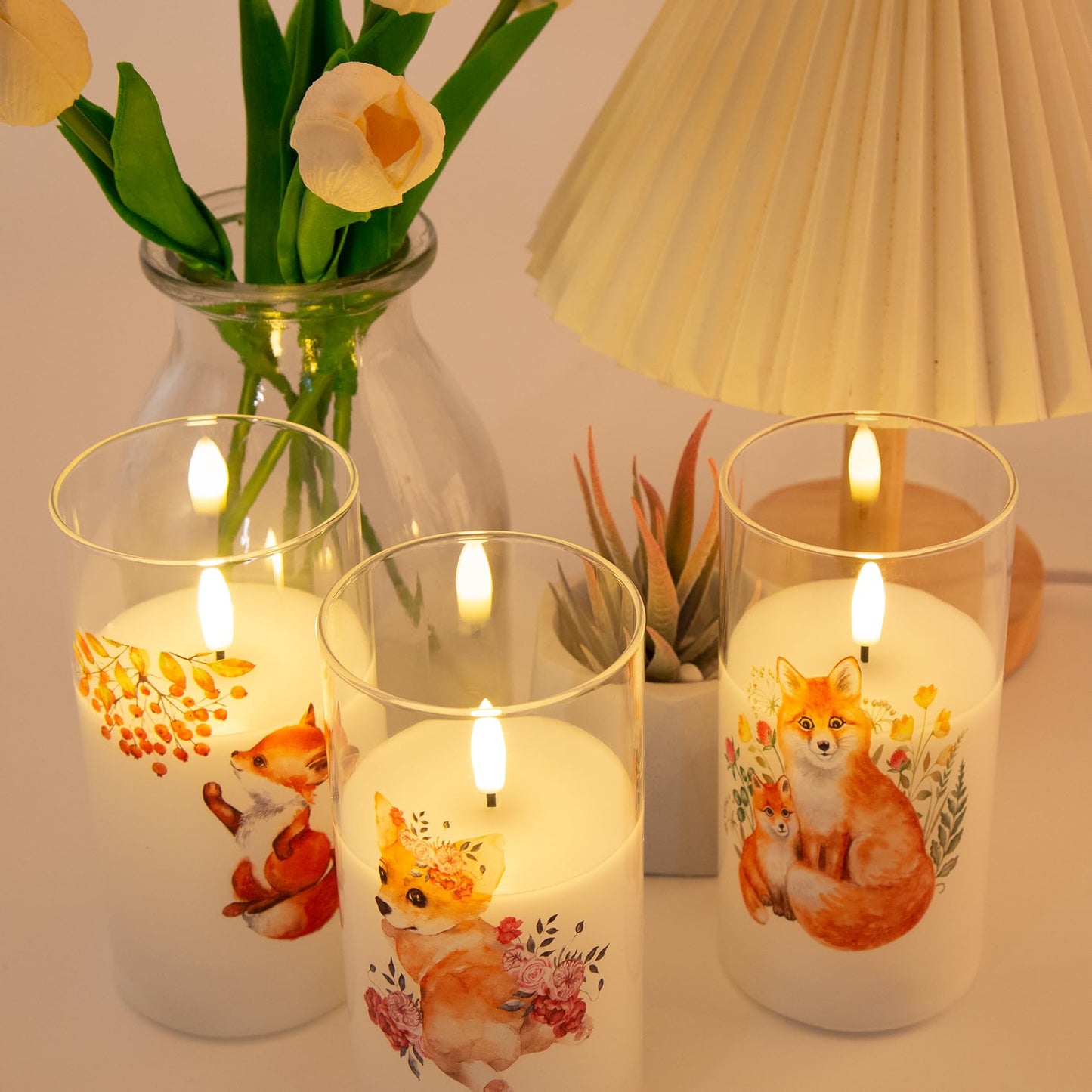 Fox Floral Glass Flameless Pillar Candle with Remote-Set of 3-Eywamage
