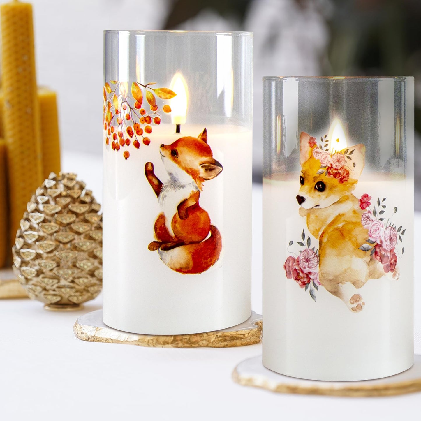 Fox Floral Glass Flameless Pillar Candle with Remote-Set of 3-Eywamage