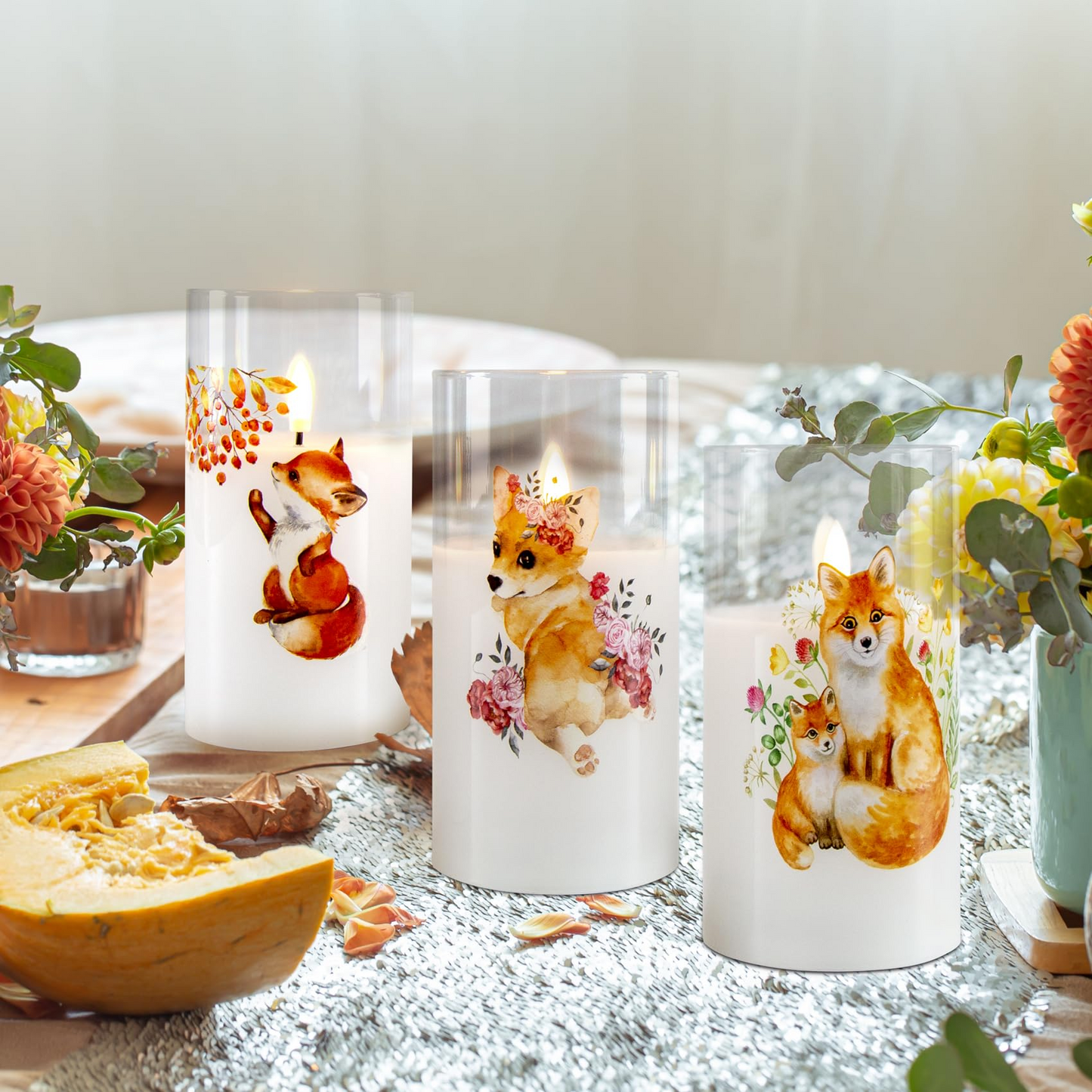 Fox Floral Glass Flameless Pillar Candle with Remote-Set of 3-Eywamage