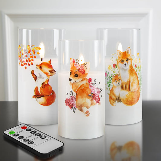Fox Floral Glass Flameless Pillar Candle with Remote-Set of 3-Eywamage