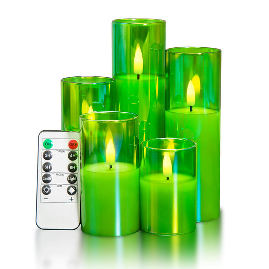 Slim Tall Green Glass Flameless Candles with Remote-Set of 5-Eywamage