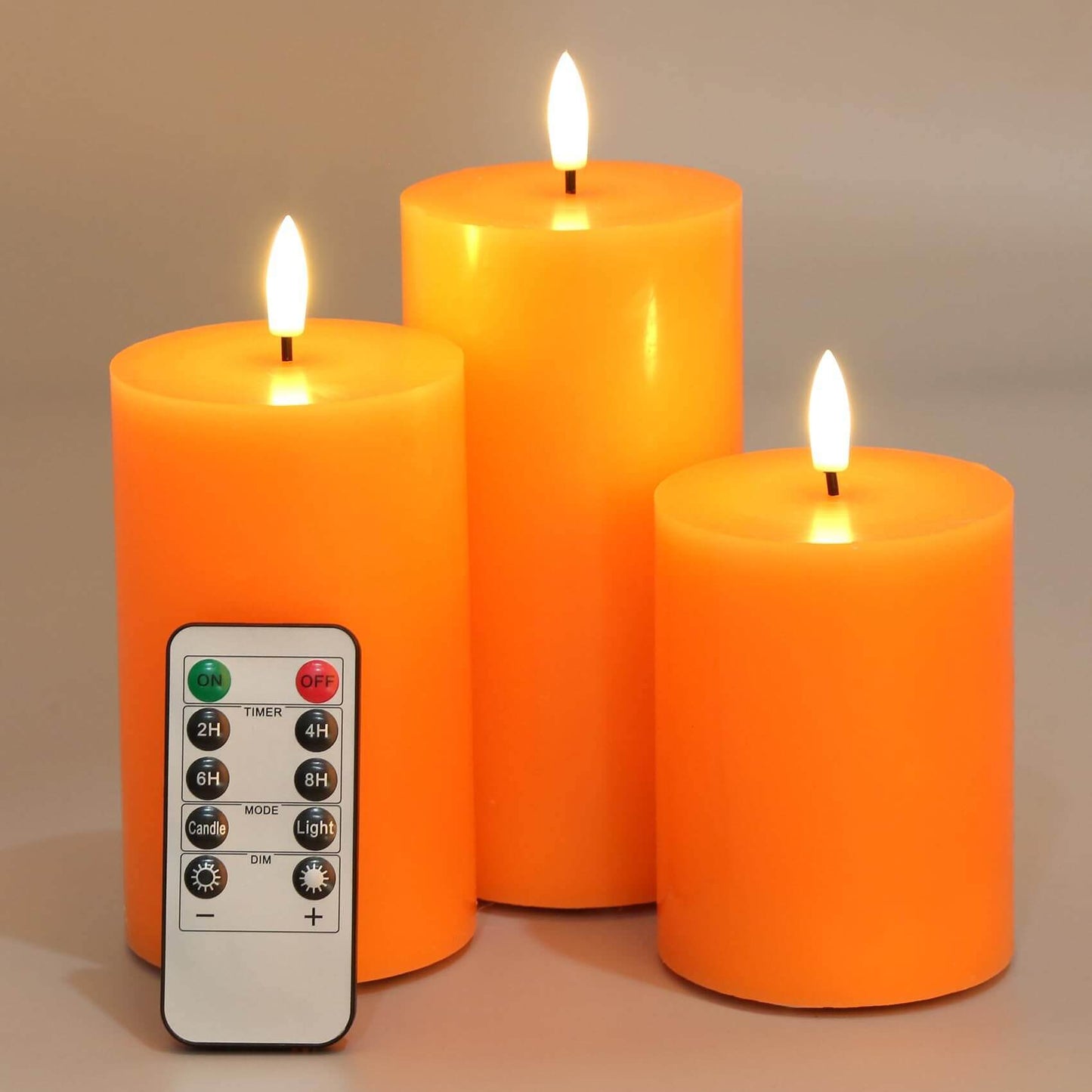 Orange Flat Top Flameless Pillar Candles with Remote-Set of 3-Eywamage