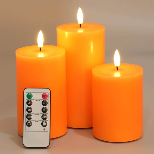 Orange Flat Top Flameless Pillar Candles with Remote-Set of 3-Eywamage