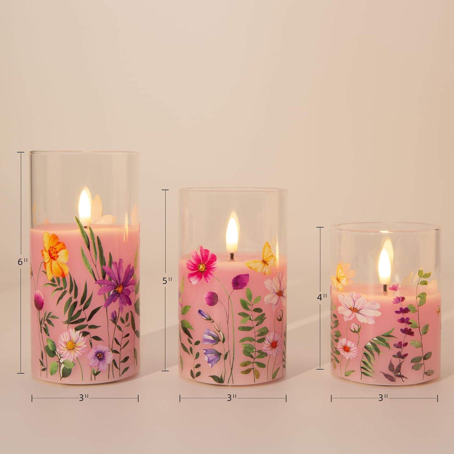Pink Cosmos Floral Glass Flameless Candle with Remote-3 Piece-Eywamage