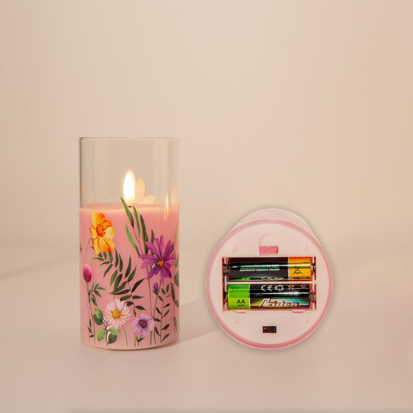Pink Cosmos Floral Glass Flameless Candle with Remote-3 Piece-Eywamage