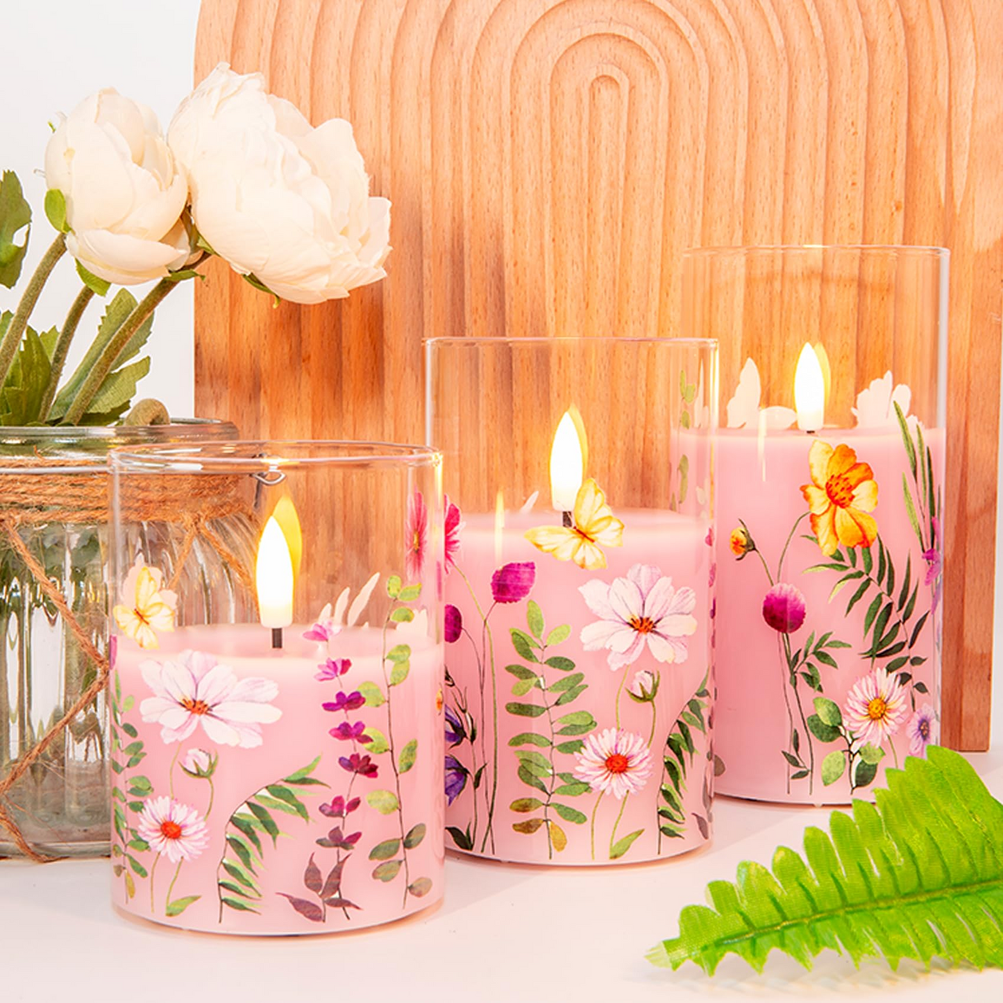 Pink Cosmos Floral Glass Flameless Candle with Remote-3 Piece-Eywamage