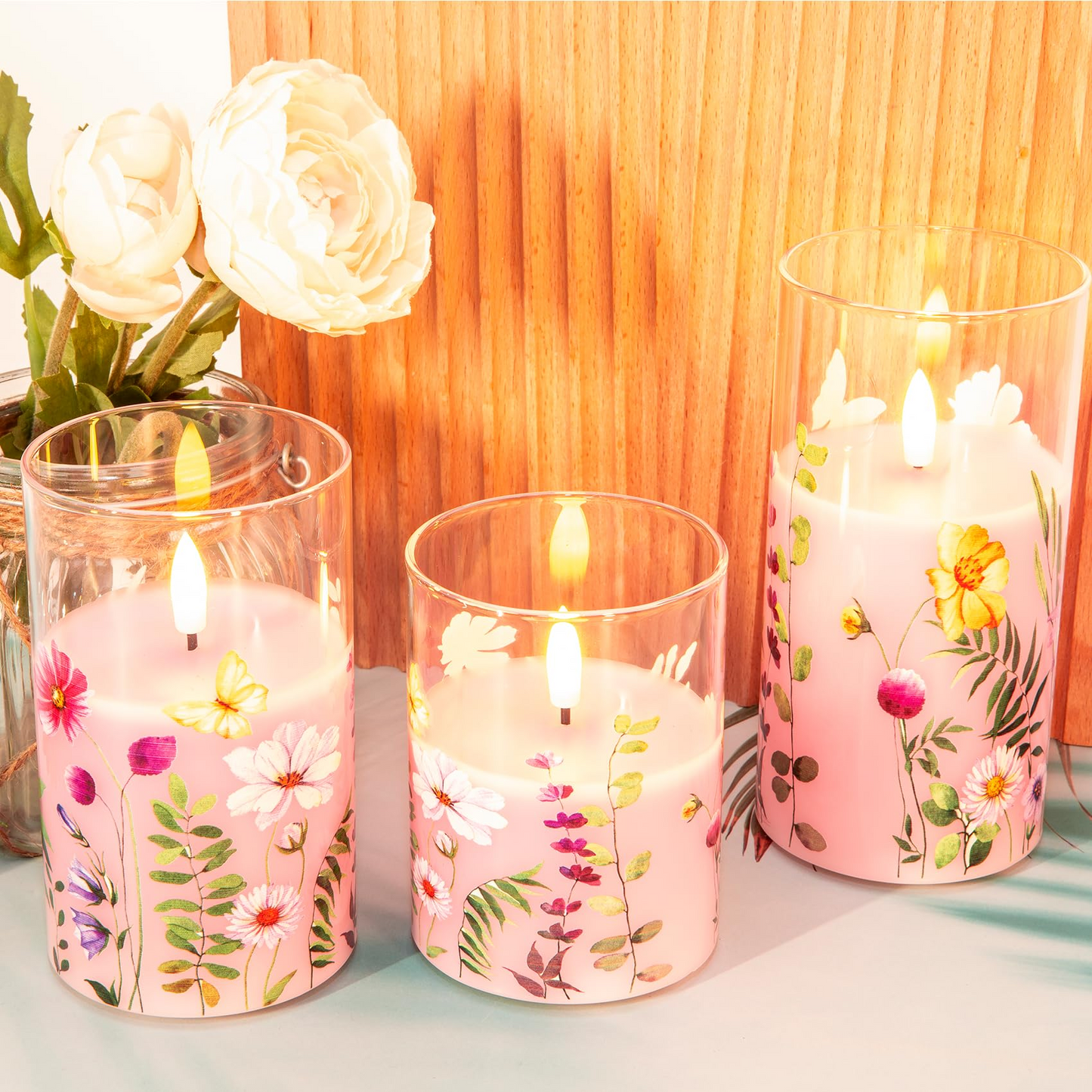 Pink Cosmos Floral Glass Flameless Candle with Remote-3 Piece-Eywamage