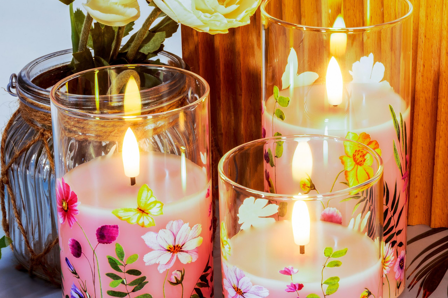 Pink Cosmos Floral Glass Flameless Candle with Remote-3 Piece-Eywamage