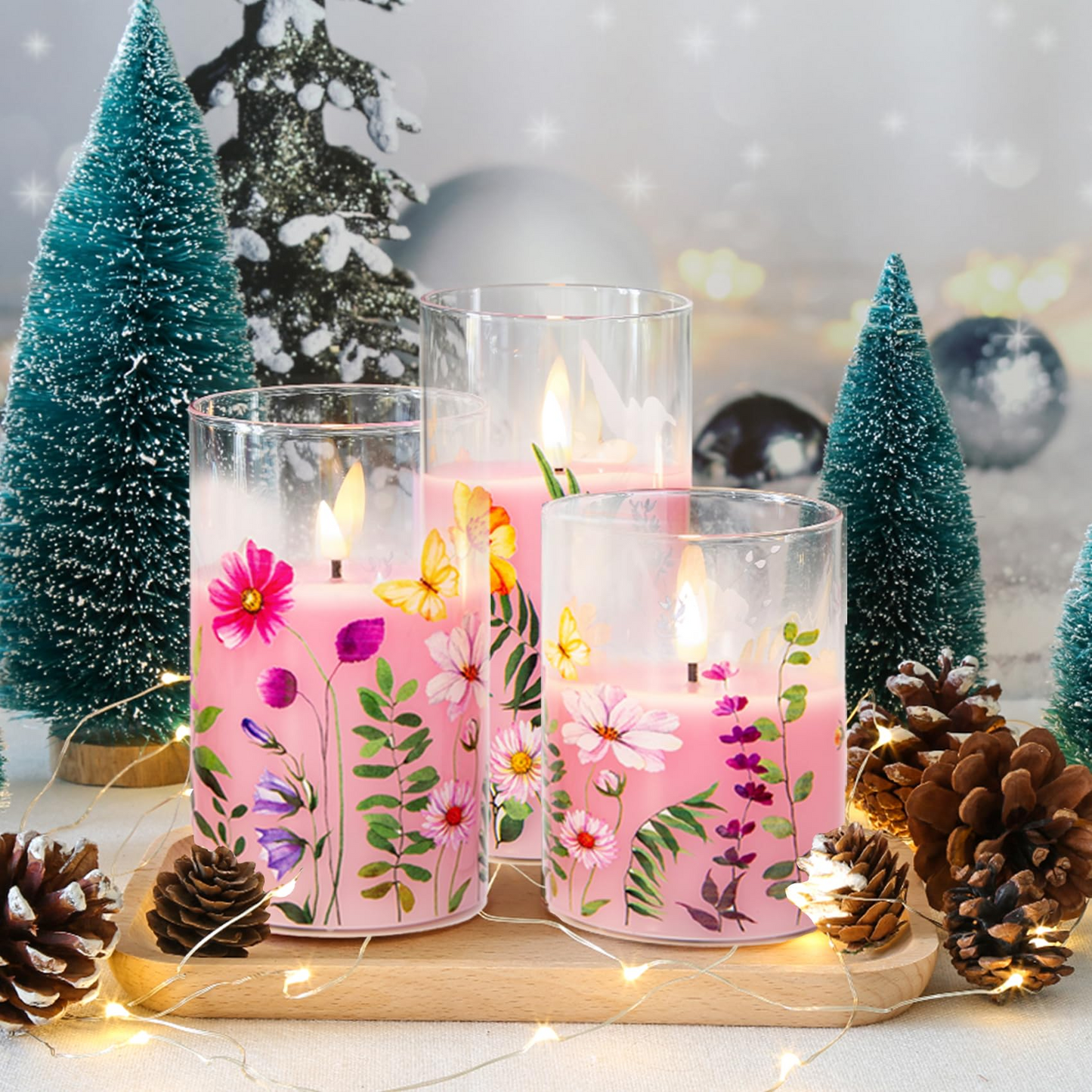 Pink Cosmos Floral Glass Flameless Candle with Remote-3 Piece-Eywamage