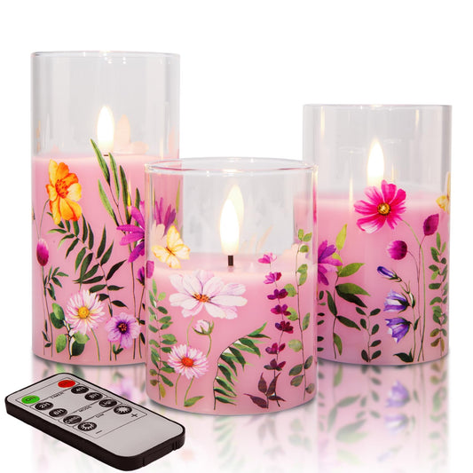 Pink Cosmos Floral Glass Flameless Candle with Remote-3 Piece-Eywamage