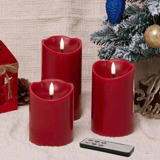 Red Flameless LED Pillar Candles with Remote - Set of 3 - Eywamage
