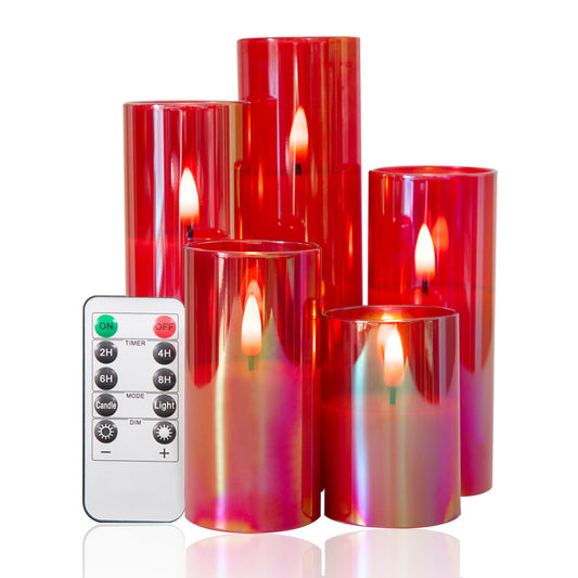Slim Tall Red Glass Flameless Candles with Remote- Set of 5 -Eywamage