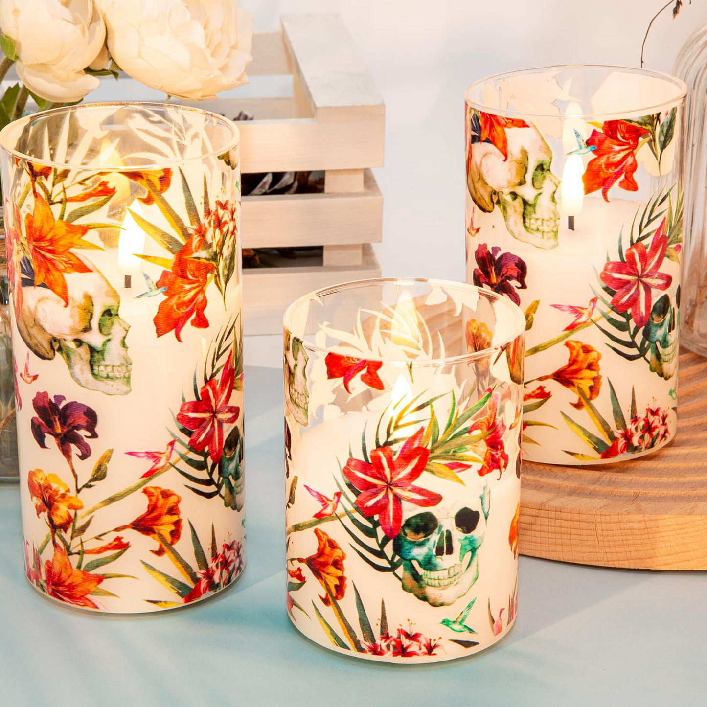 Skull Floral Glass Flameless Candles with Remote - Set of 3 - Eywamage