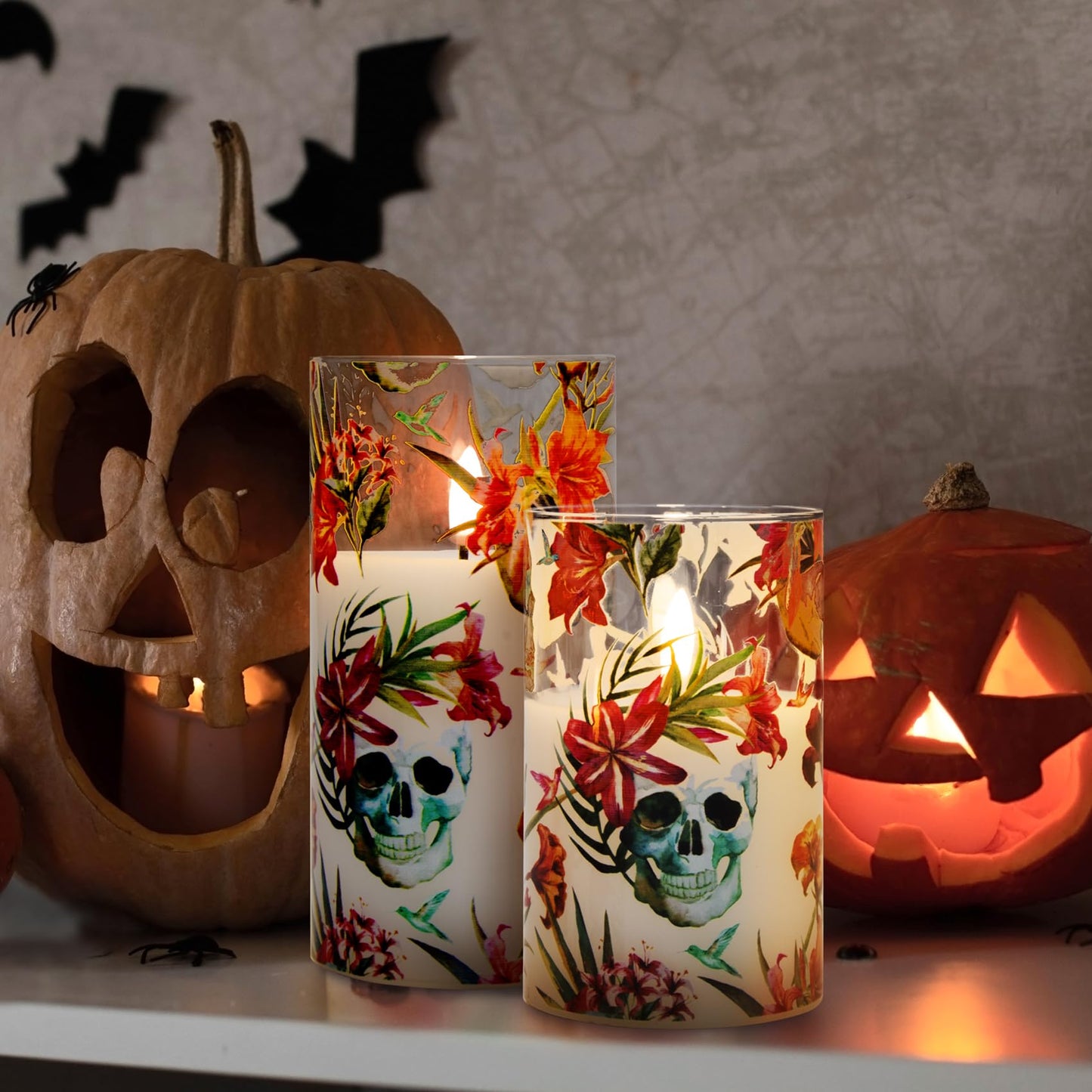 Skull Floral Glass Flameless Candles with Remote - Set of 3 - Eywamage