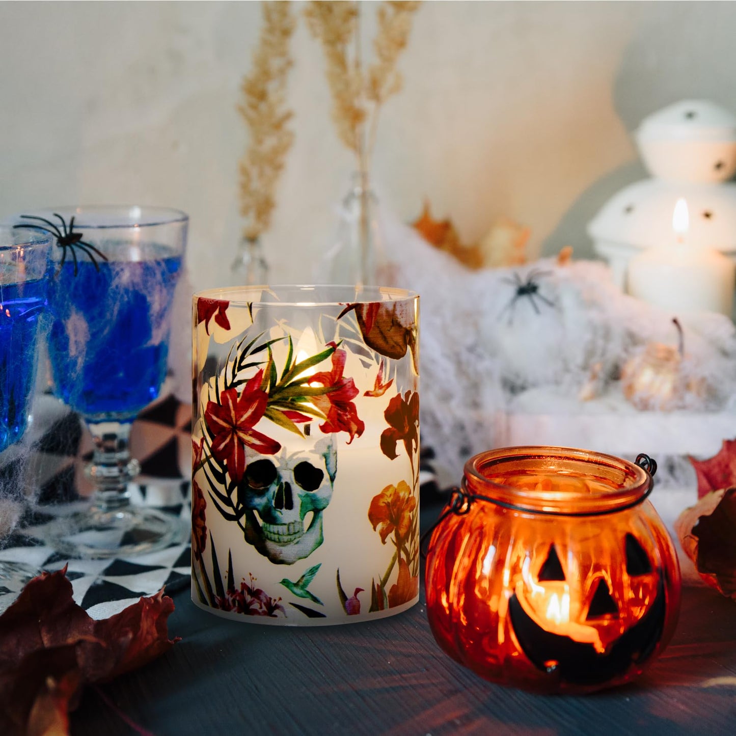 Skull Floral Glass Flameless Candles with Remote - Set of 3 - Eywamage