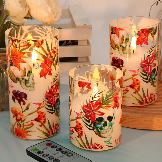 Skull Floral Glass Flameless Candles with Remote - Set of 3 - Eywamage