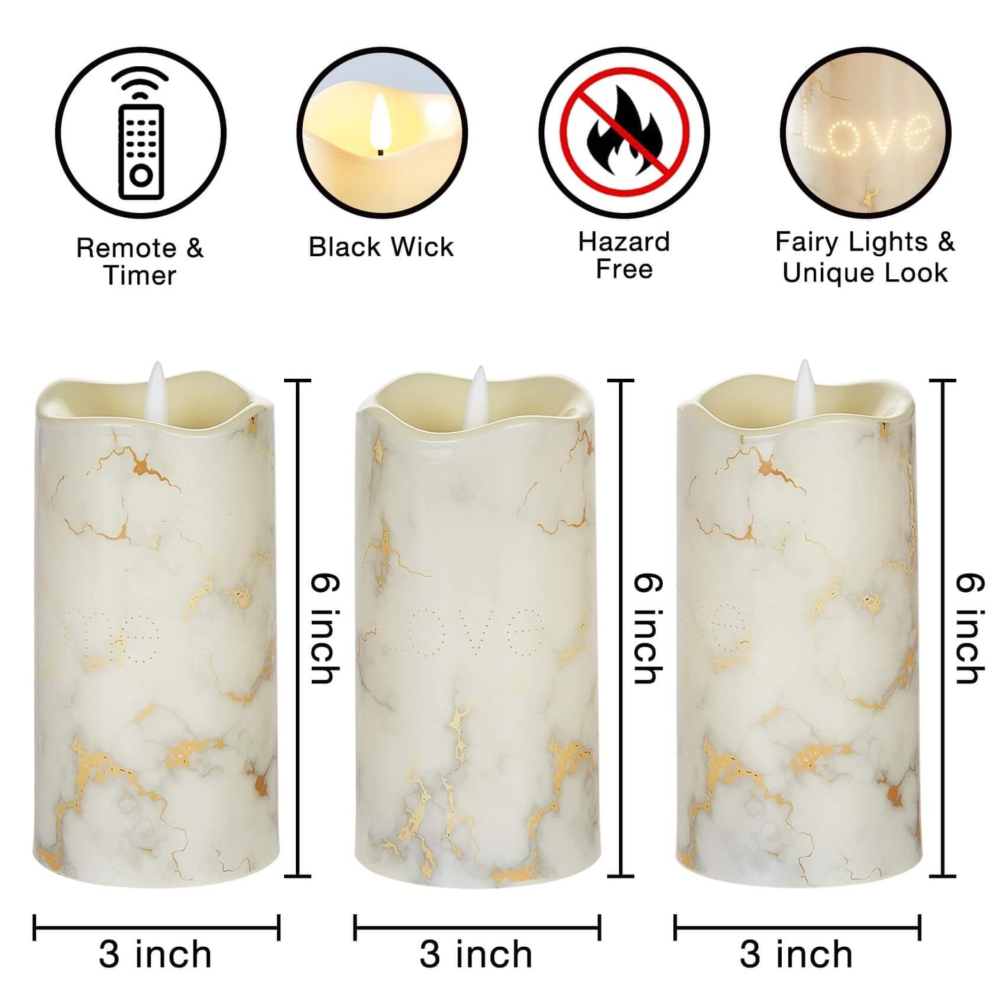 Faux Marble Battery Operated Flickering LED Candles-Set of 3-Eywamage