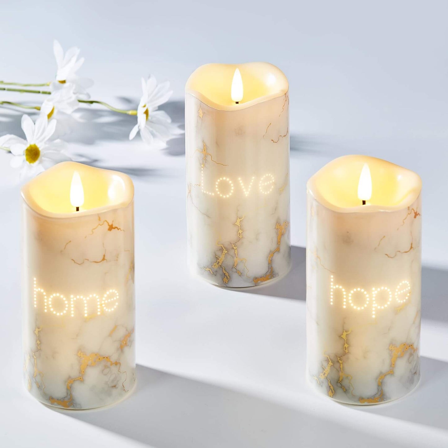 Faux Marble Battery Operated Flickering LED Candles-Set of 3-Eywamage