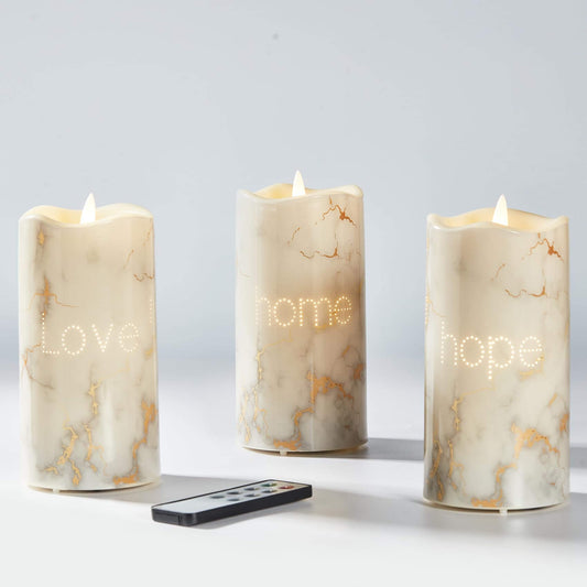 Faux Marble Battery Operated Flickering LED Candles-Set of 3-Eywamage