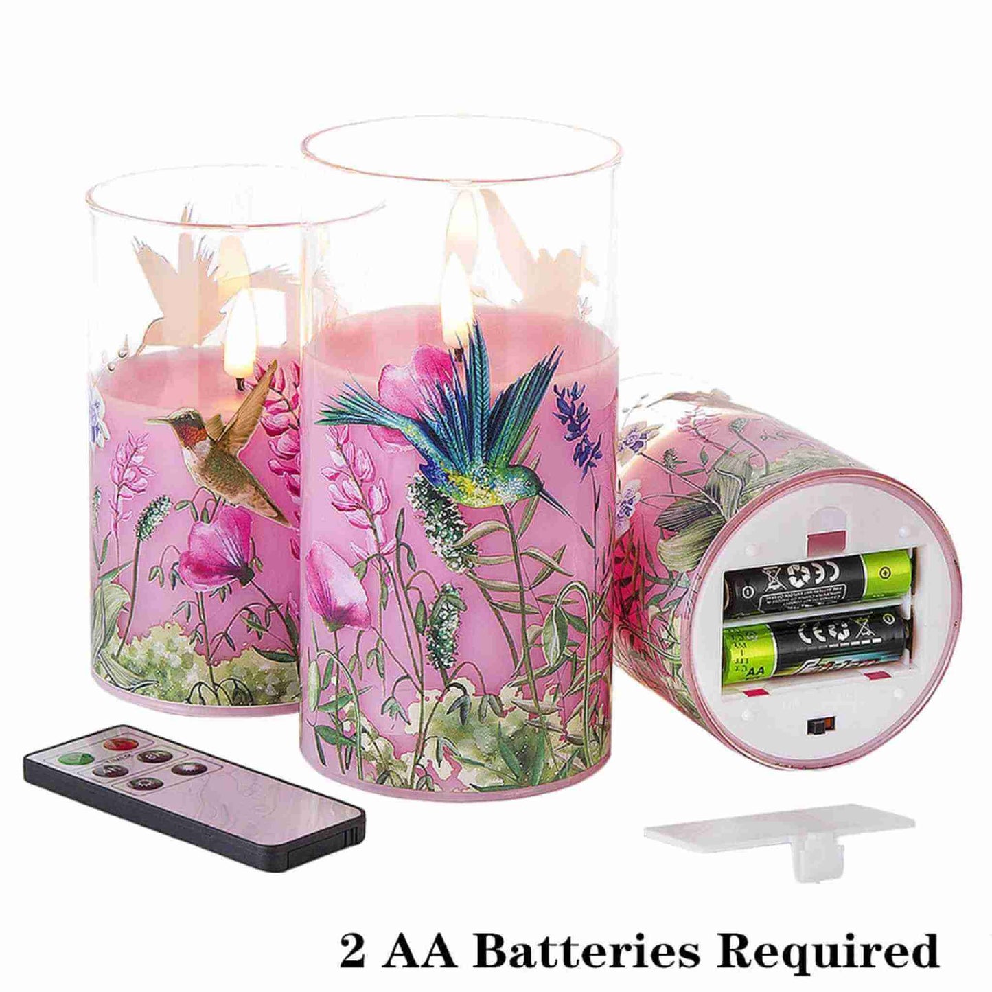 Hummingbird Pink Floral Glass Flameless Candles - 3 Pack - Eywamage